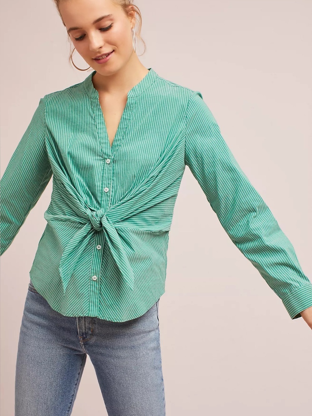 Anthropologie Maeve Katherine Knotted Button Front Striped Long Sleeve Blouse